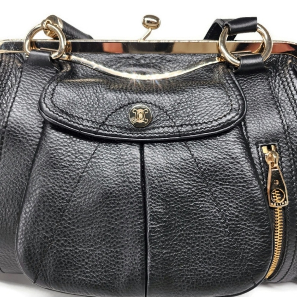 Celine Clandestine Black Pebbled Leather Gold Frame Doctor Shoulder Satchel Bag - Picture 2 of 15